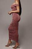 Red Ruffle Sexy A Word Shoulder Bodycon Pure Color Korea Velvet Long Dress MY9351-3