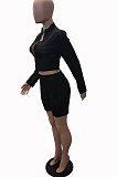 Coffee New Wholesale Long Sleeve Stand Collar Zipper Crop Top Shorts Solid Color Sets YSH6162-6