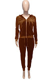 Pink Women Korea Velvet Ribber Spliced Pure Color Long Sleeve Cardigan Hooded Casual Pants Sets Q950-1
