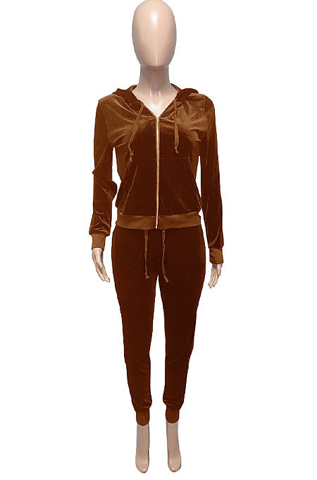 Pink Women Korea Velvet Ribber Spliced Pure Color Long Sleeve Cardigan Hooded Casual Pants Sets Q950-1