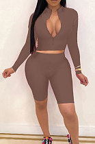 Coffee New Wholesale Long Sleeve Stand Collar Zipper Crop Top Shorts Solid Color Sets YSH6162-6