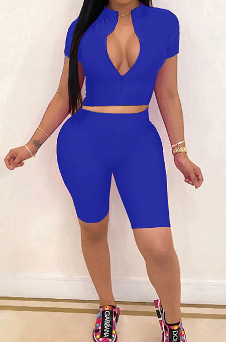 Purple Simple Pure Color Short Sleeve Zip Fron Crop Top Shorts Casual Sets YSH6163-6