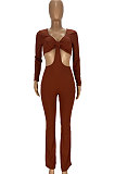 Khaki Club Ribber Long Sleeve V Neck Hollow Out Solid Color Slim Fitting Flare Jumpsuits YT3291-2