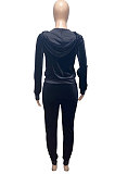 Dark Green Women Korea Velvet Ribber Spliced Pure Color Long Sleeve Cardigan Hooded Casual Pants Sets Q950-4