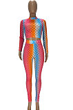 Red Colorful Long Sleeve High Neck Crop Top Pencil Pants Hollow Out See-Through Sets YT3290-2