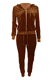 Gray Women Korea Velvet Ribber Spliced Pure Color Long Sleeve Cardigan Hooded Casual Pants Sets Q950-2