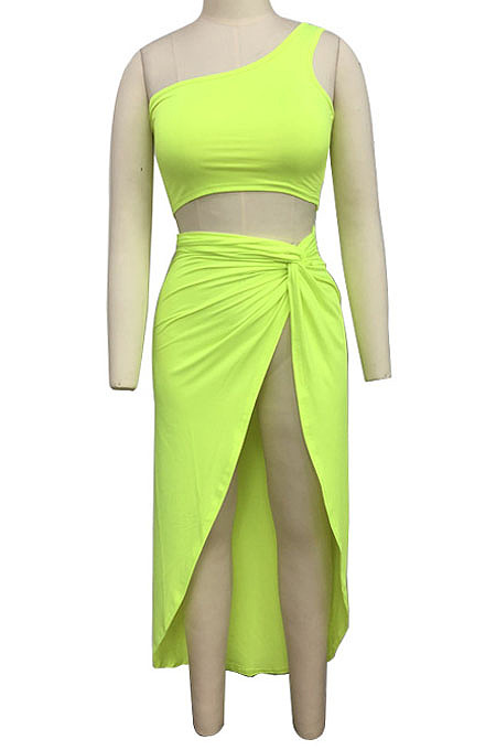 Yellow Euramerican Women Ruffle Solid Color One Shoulder High Split Skirts Sets MY9268-1