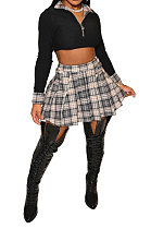 Women Fashion Club Ribber Tops Plaid Skirts Sets LBA5087