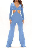 Khaki Club Ribber Long Sleeve V Neck Hollow Out Solid Color Slim Fitting Flare Jumpsuits YT3291-2
