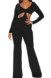 Khaki Club Ribber Long Sleeve V Neck Hollow Out Solid Color Slim Fitting Flare Jumpsuits YT3291-2