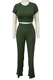 Light Blue Fashion Casual High Elastic Cotton Shor Sleeve Top Pure Color Ribber Loose Pants Sets MY9298-7