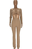 Khaki Club Ribber Long Sleeve V Neck Hollow Out Solid Color Slim Fitting Flare Jumpsuits YT3291-2