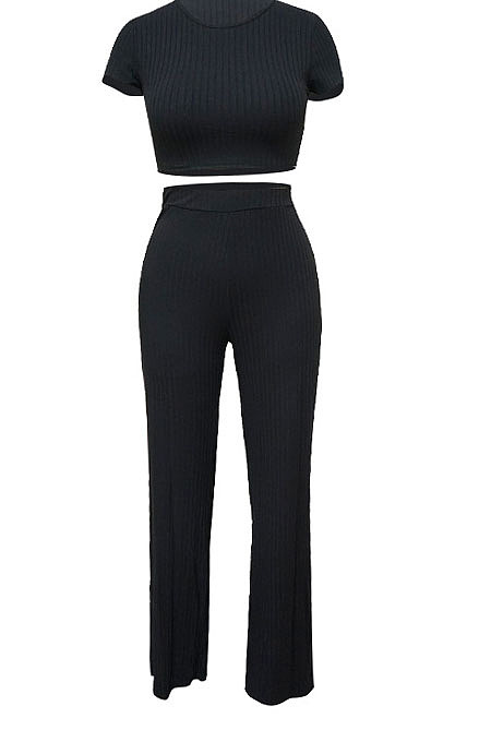 Light Blue Fashion Casual High Elastic Cotton Shor Sleeve Top Pure Color Ribber Loose Pants Sets MY9298-7