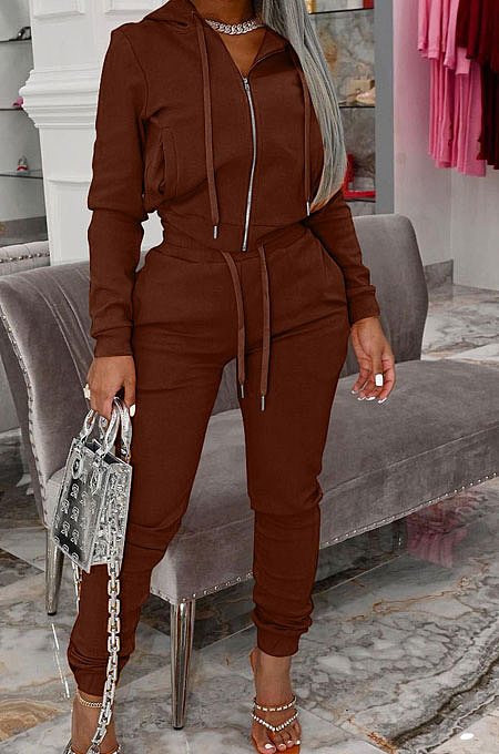 Coffee Autumn Winter Velvet Long Sleeve Zip Front Hoodie Pencil Pants Sport Sets YT3289-2