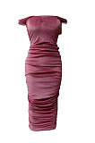 Red Ruffle Sexy A Word Shoulder Bodycon Pure Color Korea Velvet Long Dress MY9351-3