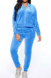 Light Blue Women Korea Velvet Ribber Spliced Pure Color Long Sleeve Cardigan Hooded Casual Pants Sets Q950-5