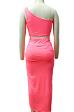 Red Euramerican Women Ruffle Solid Color One Shoulder High Split Skirts Sets MY9268-2