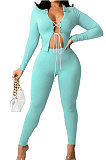 Camel Cotton Blend Long Sleeve Bandage Top Bodycon Pants Solid Color Sets ZNN9108-1