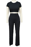Green Fashion Casual High Elastic Cotton Shor Sleeve Top Pure Color Ribber Loose Pants Sets MY9298-6