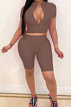Coffee Simple Pure Color Short Sleeve Zip Fron Crop Top Shorts Casual Sets YSH6163-5