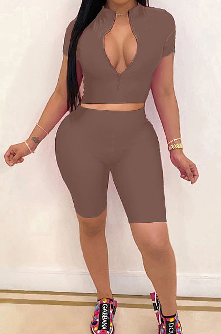 Coffee Simple Pure Color Short Sleeve Zip Fron Crop Top Shorts Casual Sets YSH6163-5