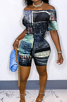 Blue New Print Off Shoulder Short Sleeve Slim Fitting Romper Shorts YSH86248