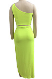 Black Euramerican Women Ruffle Solid Color One Shoulder High Split Skirts Sets MY9268-3