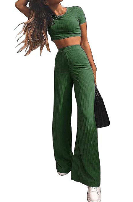 Yellow Fashion Casual High Elastic Cotton Shor Sleeve Top Pure Color Ribber Loose Pants Sets MY9298-1