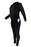 Black Sport Women Solid Color Zipper Cardigan Split Pants Sets HR8192 -1