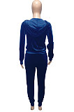 Dark Blue Women Korea Velvet Ribber Spliced Pure Color Long Sleeve Cardigan Hooded Casual Pants Sets Q950-6