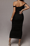 Yellow Ruffle Sexy A Word Shoulder Bodycon Pure Color Korea Velvet Long Dress MY9351-2