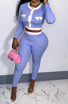 Blue Women Autumn Winter Long Sleeve Button Top Printing Tight Pants Sets NRS8080-3