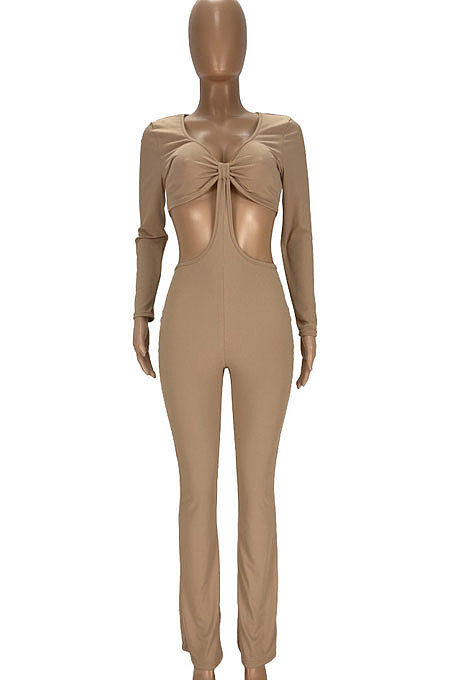 Blue Club Ribber Long Sleeve V Neck Hollow Out Solid Color Slim Fitting Flare Jumpsuits YT3291-1