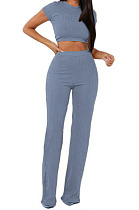 Light Blue Fashion Casual High Elastic Cotton Shor Sleeve Top Pure Color Ribber Loose Pants Sets MY9298-7
