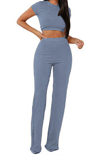 Light Blue Fashion Casual High Elastic Cotton Shor Sleeve Top Pure Color Ribber Loose Pants Sets MY9298-7
