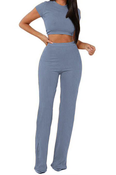 Light Blue Fashion Casual High Elastic Cotton Shor Sleeve Top Pure Color Ribber Loose Pants Sets MY9298-7