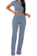 Light Blue Fashion Casual High Elastic Cotton Shor Sleeve Top Pure Color Ribber Loose Pants Sets MY9298-7