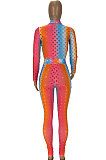 Red Colorful Long Sleeve High Neck Crop Top Pencil Pants Hollow Out See-Through Sets YT3290-2