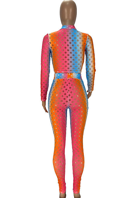 Blue Colorful Long Sleeve High Neck Crop Top Pencil Pants Hollow Out See-Through Sets YT3290-3