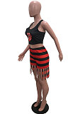 Red Casual Digital Print Tank High Waist Tassel Shorts Two-Piece YSH86246