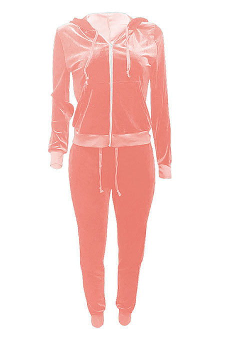Pink Women Korea Velvet Ribber Spliced Pure Color Long Sleeve Cardigan Hooded Casual Pants Sets Q950-1