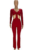 Khaki Club Ribber Long Sleeve V Neck Hollow Out Solid Color Slim Fitting Flare Jumpsuits YT3291-2
