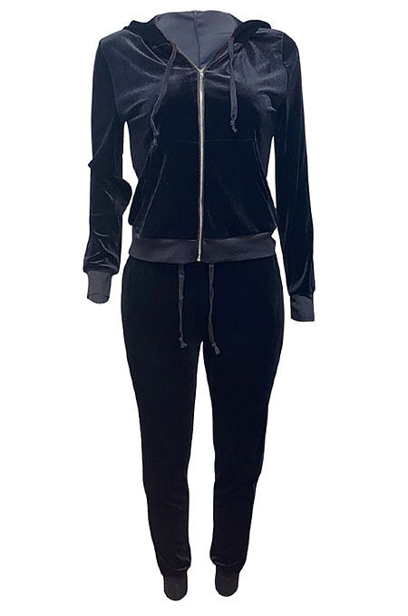 Pink Women Korea Velvet Ribber Spliced Pure Color Long Sleeve Cardigan Hooded Casual Pants Sets Q950-1
