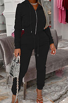 Black Autumn Winter Velvet Long Sleeve Zip Front Hoodie Pencil Pants Sport Sets YT3289-1