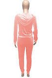 Gray Women Korea Velvet Ribber Spliced Pure Color Long Sleeve Cardigan Hooded Casual Pants Sets Q950-2