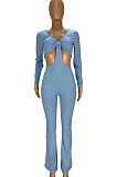 Khaki Club Ribber Long Sleeve V Neck Hollow Out Solid Color Slim Fitting Flare Jumpsuits YT3291-2