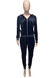 Black Women Korea Velvet Ribber Spliced Pure Color Long Sleeve Cardigan Hooded Casual Pants Sets Q950-3