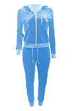 Pink Women Korea Velvet Ribber Spliced Pure Color Long Sleeve Cardigan Hooded Casual Pants Sets Q950-1