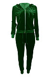 Dark Green Women Korea Velvet Ribber Spliced Pure Color Long Sleeve Cardigan Hooded Casual Pants Sets Q950-4
