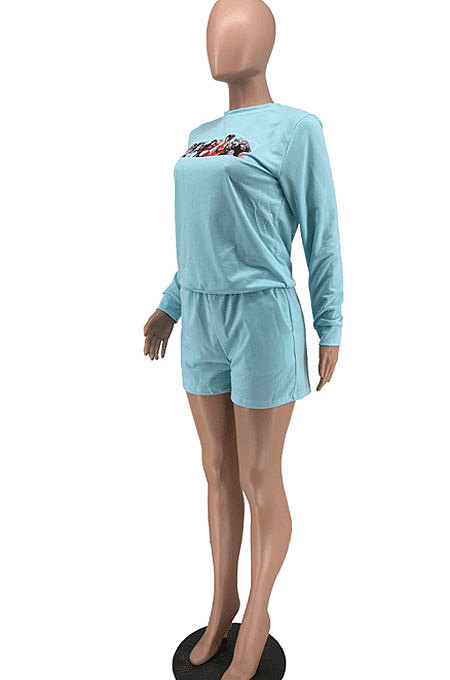 Black Casual Pattern Print Long Sleeve Round Neck T-Shirt Shorts Sport Sets ZNN9109-2